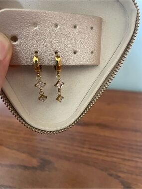 Gold Drop Hoop Earrings with Clear Stone Accents